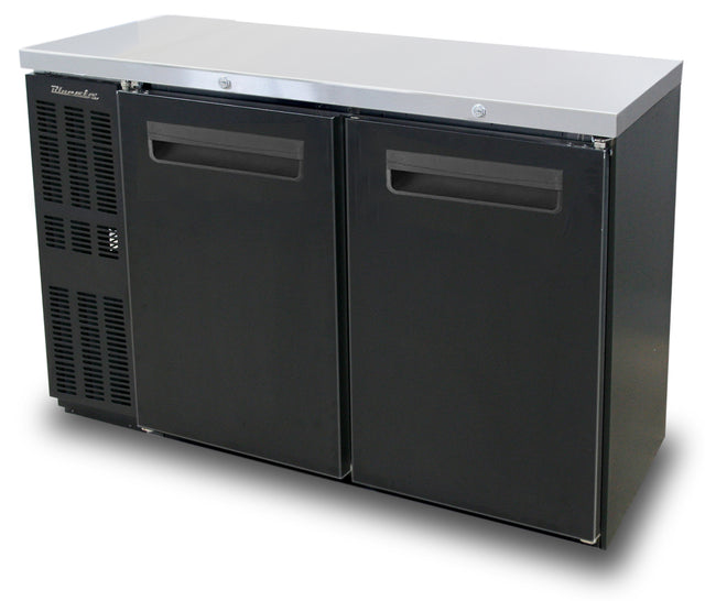 A commercial-grade, black two-section Back Bar Cooler with shallow depth features a stainless steel top, left-side vents, and indented handles. Designed for professional or restaurant use, the unit sits on short, hidden legs for a sleek look.