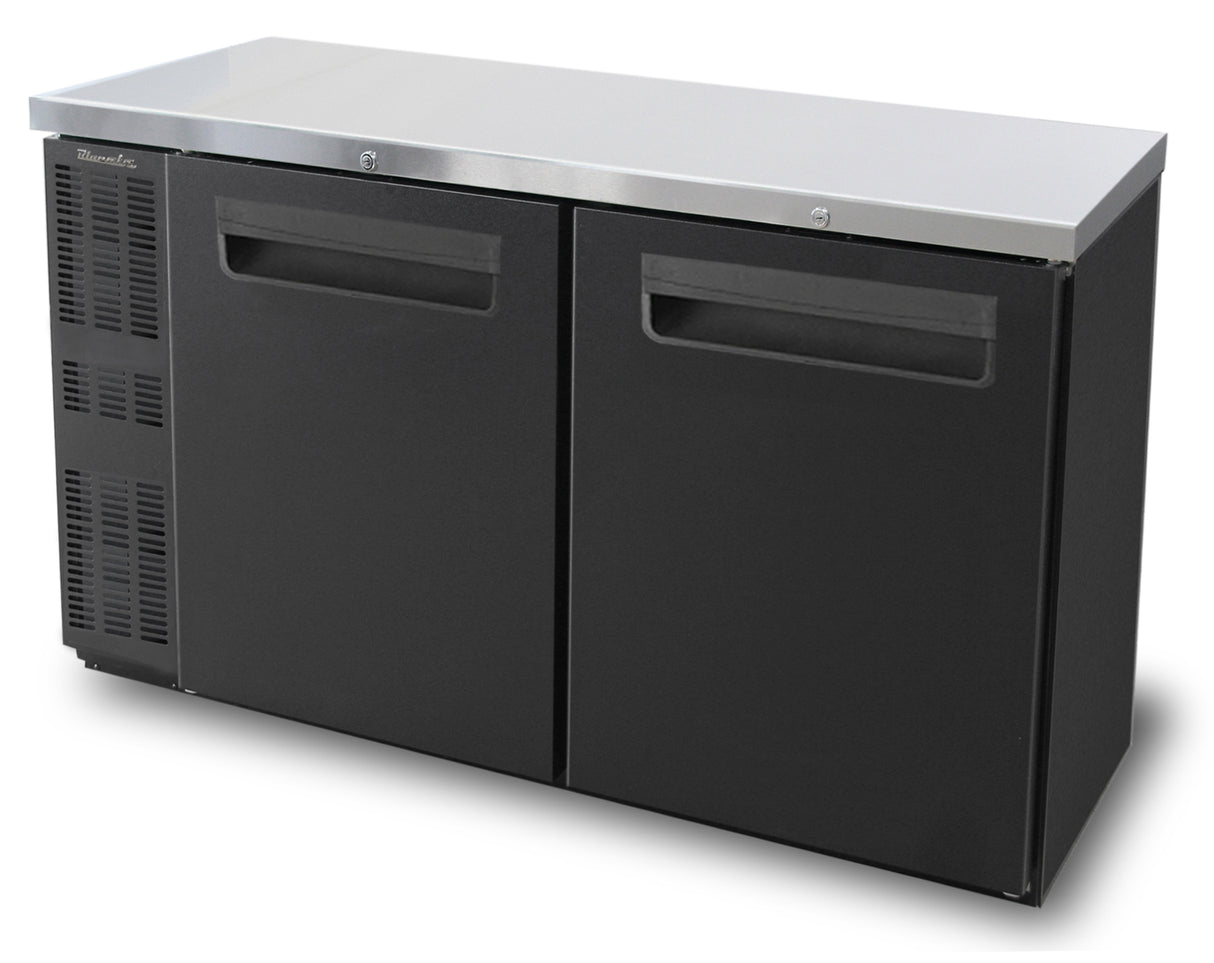 A commercial-grade, stainless steel and black two-section Back Bar Cooler with recessed handles, front ventilation on the left side, and a smooth top surface. This shallow depth unit sits on small, hidden feet—ideal for kitchens or bars.