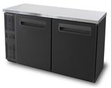 A commercial-grade, stainless steel and black two-section Back Bar Cooler with recessed handles, front ventilation on the left side, and a smooth top surface. This shallow depth unit sits on small, hidden feet—ideal for kitchens or bars.