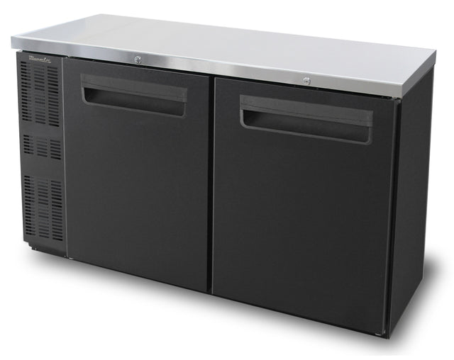 A commercial-grade, stainless steel and black two-section Back Bar Cooler with recessed handles, front ventilation on the left side, and a smooth top surface. This shallow depth unit sits on small, hidden feet—ideal for kitchens or bars.