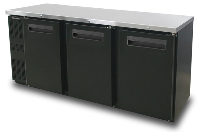 A commercial black three-section Back Bar Cooler with shallow depth, three doors, and a stainless steel countertop. The left side features ventilation slats and recessed handles, offering an industrial, sleek design ideal for bars or restaurants.