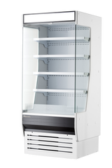 A Blue Air BOD-36G refrigerated display case with a white exterior, clear glass sides and front, four adjustable shelves, and a vented cooling unit at the bottom. This open display case stands empty on a white background, featuring a blank nameplate on top.
