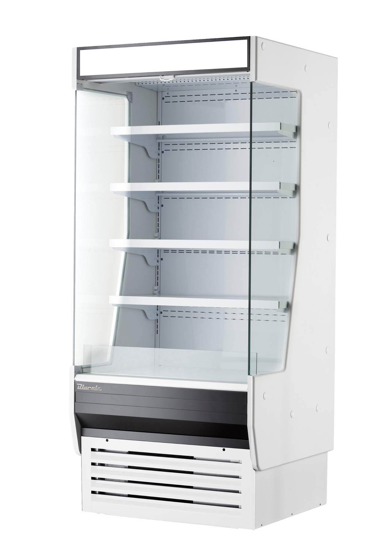 A tall, white refrigerated display case with four adjustable shelves, a lower vented cooling unit, and clear glass side panels, designed as an open display case for showcasing food or beverages in any retail or commercial setting.