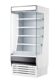 A tall, white refrigerated display case with four adjustable shelves, a lower vented cooling unit, and clear glass side panels, designed as an open display case for showcasing food or beverages in any retail or commercial setting.