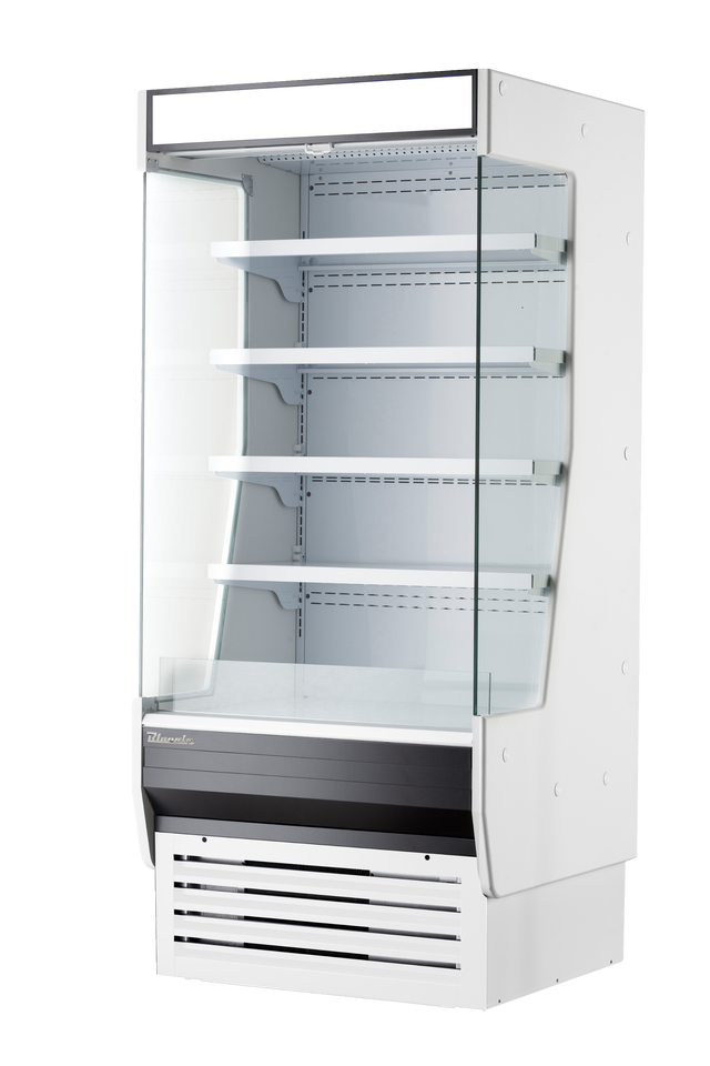 A tall, white refrigerated display case with four adjustable shelves, a lower vented cooling unit, and clear glass side panels, designed as an open display case for showcasing food or beverages in any retail or commercial setting.