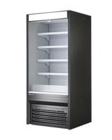 A tall, black 48 inch open display case with self-contained refrigeration features four adjustable metal shelves, a white interior, and a vented bottom section. The empty unit stands against a plain white background, ready for use.