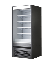 A tall, black, and empty 36 inch open display case with bottom mount refrigeration, featuring four adjustable shelves, a vented cooling unit at the bottom, and an illuminated header on top; set against a plain white background.