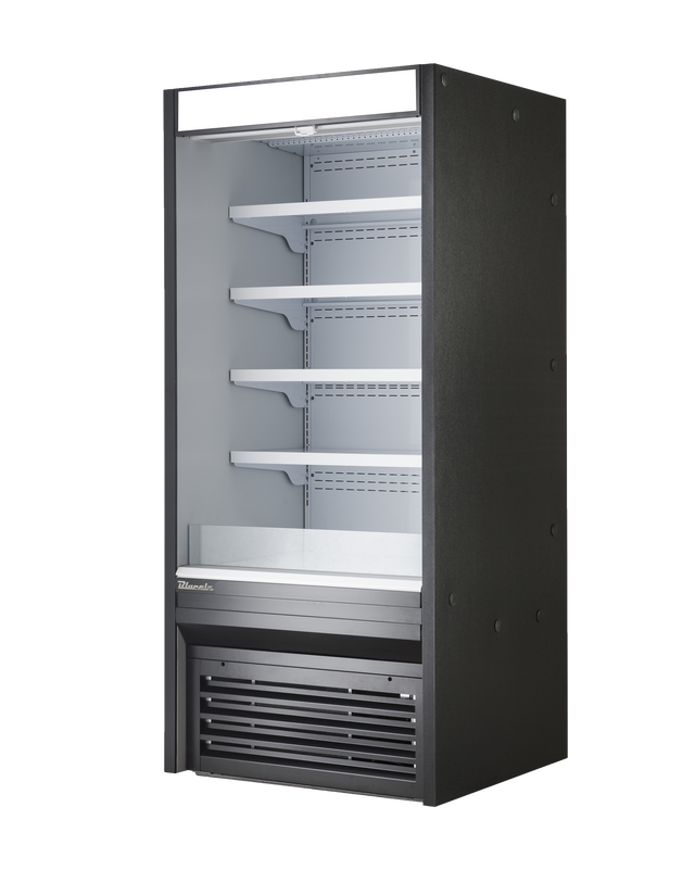 A tall, black, and empty 36 inch open display case with bottom mount refrigeration, featuring four adjustable shelves, a vented cooling unit at the bottom, and an illuminated header on top; set against a plain white background.