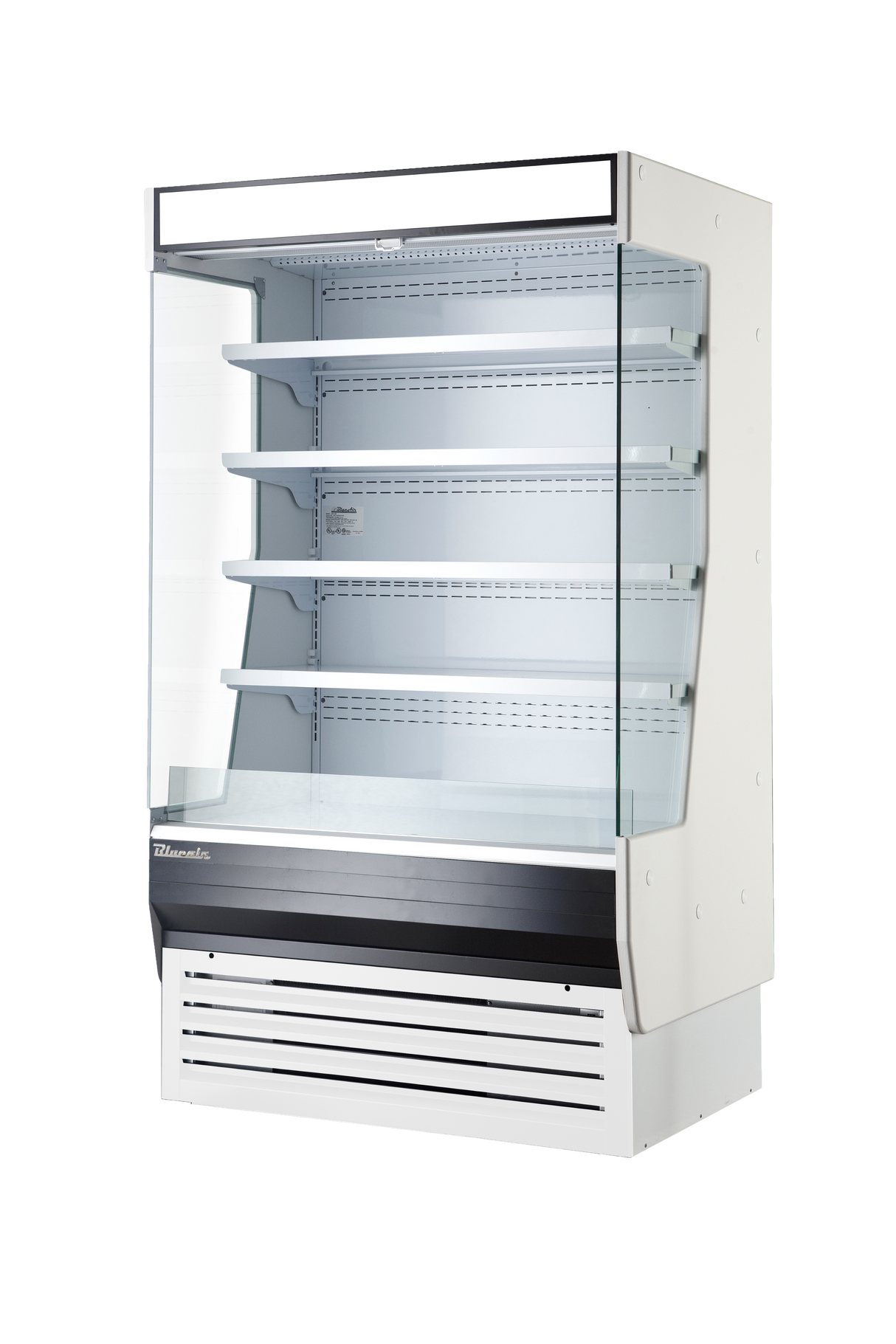 A large, modern commercial refrigeration unit, this 60 inch open display case features four shelves, glass sides and front, a blank white sign on top, and a vented base, all standing cleanly against a plain white background.