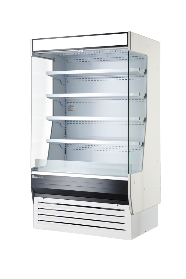 A large, modern commercial refrigeration unit, this 60 inch open display case features four shelves, glass sides and front, a blank white sign on top, and a vented base, all standing cleanly against a plain white background.