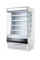 A 72 Inch open display case featuring commercial refrigeration, four empty shelves, a white and black base with ventilation slots, and glass side panels, standing against a plain white background.