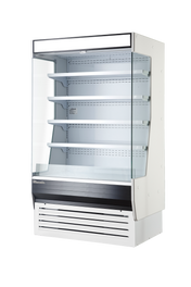 A 72 Inch open display case featuring commercial refrigeration, four empty shelves, a white and black base with ventilation slots, and glass side panels, standing against a plain white background.
