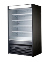 A commercial open-air refrigerated display case with a black exterior, four metal shelves, and a white interior. This 72 inch display case features a bottom vent and spacious open display area for showcasing chilled food or beverages in stores.