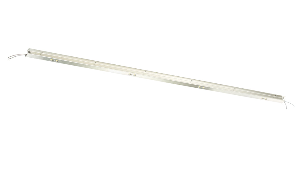 A long, narrow metallic fixture with a simple, rectangular design. Featuring wiring on both ends, it is likely a Krowne fluorescent or LED light fixture housing—ideal for an LED light upgrade—shown against a white background.