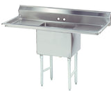 A commercial NSF sink 1-compartment with a durable stainless steel bowl, high backsplash, and two pre-drilled faucet holes. Features extended drainboards on both sides and sturdy legs, ideal for industrial or restaurant kitchen use.