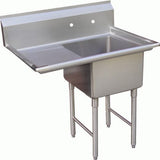A stainless steel sink 1-compartment utility sink with a deep rectangular NSF stainless steel bowl, backsplash, and left-side drainboard. It stands on four tubular legs and features two holes on the backsplash for faucet installation.