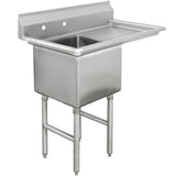 A stainless steel sink NSF certified for commercial use, this 1-compartment unit features a deep rectangular basin, a backsplash with two faucet holes, an integrated right draining board, and four sturdy legs—simple, functional, and ideal for restaurant kitchens.