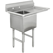 A stainless steel sink NSF certified for commercial use, this 1-compartment unit features a deep rectangular basin, a backsplash with two faucet holes, an integrated right draining board, and four sturdy legs—simple, functional, and ideal for restaurant kitchens.