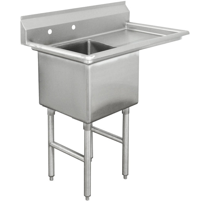 A stainless steel sink NSF certified for commercial use, this 1-compartment unit features a deep rectangular basin, a backsplash with two faucet holes, an integrated right draining board, and four sturdy legs—simple, functional, and ideal for restaurant kitchens.