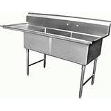 An NSF certified stainless steel sink, this double-basin unit features two deep compartments and pre-drilled backsplash holes, making it perfect for industrial or kitchen use. Four sturdy legs provide reliable support for heavy-duty tasks.