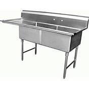 An NSF certified stainless steel sink, this double-basin unit features two deep compartments and pre-drilled backsplash holes, making it perfect for industrial or kitchen use. Four sturdy legs provide reliable support for heavy-duty tasks.