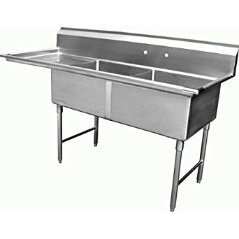 An NSF certified stainless steel sink, this double-basin unit features two deep compartments and pre-drilled backsplash holes, making it perfect for industrial or kitchen use. Four sturdy legs provide reliable support for heavy-duty tasks.