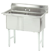 A shiny stainless steel NSF sink with two deep rectangular basins, a high backsplash with two faucet holes, and four sturdy legs. The front and sides are plain, with open space below. This 2-compartment sink is ideal for commercial kitchens.