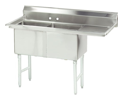 A stainless steel NSF sink with two deep basins, a backsplash with two faucet holes, and four sturdy legs. This 2-compartment sink features an open area beneath for storage or plumbing and a flat draining surface on the right.
