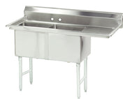 A stainless steel NSF sink with two deep basins, a backsplash with two faucet holes, and four sturdy legs. This 2-compartment sink features an open area beneath for storage or plumbing and a flat draining surface on the right.