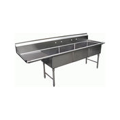 A commercial NSF 3-compartment stainless steel sink with a left-side drainboard, raised backsplash with faucet holes, and sturdy legs, designed for use in restaurant or industrial kitchens.