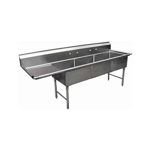 A commercial NSF 3-compartment stainless steel sink with a left-side drainboard, raised backsplash with faucet holes, and sturdy legs, designed for use in restaurant or industrial kitchens.