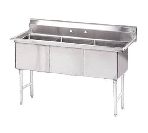 A durable NSF sink featuring three deep compartments, a raised backsplash with two faucet holes, and four sturdy legs. This stainless steel sink is ideal for kitchens or food service areas, offering a flat front and sides for easy use.