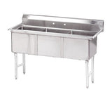 A durable NSF sink featuring three deep compartments, a raised backsplash with two faucet holes, and four sturdy legs. This stainless steel sink is ideal for kitchens or food service areas, offering a flat front and sides for easy use.