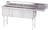 A commercial NSF 3-compartment stainless steel sink with a backsplash, three deep basins, right-side flat drainboard, and four slender metal legs. The front features sliding doors for under-sink storage.
