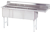 A commercial NSF 3-compartment stainless steel sink with a backsplash, three deep basins, right-side flat drainboard, and four slender metal legs. The front features sliding doors for under-sink storage.