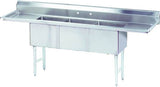 A large commercial 3-compartment sink with deep rectangular basins, a tall backsplash, four legs, and flat work surfaces on each side—perfectly designed for industrial kitchens or food service settings.