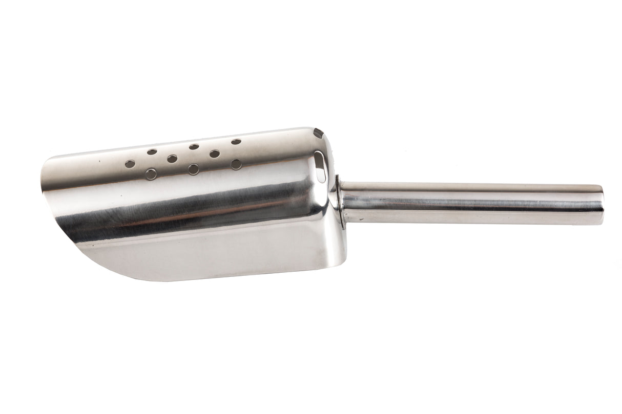 A shiny stainless steel ice scoop with a cylindrical handle and a perforated, flat-bottomed bowl, designed for sifting or straining. Dishwasher safe, it features several round holes on the top surface of the bowl.