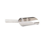 A shiny, stainless steel ice scoop with a cylindrical handle and a deep, curved basin. The scoop is angled to the right, isolated on a white background. Dishwasher safe, it’s ideal for bulk dry goods like flour, sugar, or grains.