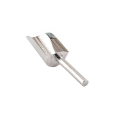 A shiny, dishwasher safe stainless steel ice scoop with a rounded, deep, rectangular bowl and a cylindrical handle, isolated on a white background. The scoop is positioned at an angle with the handle pointing towards the right.