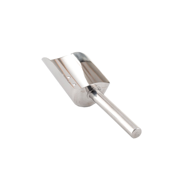 A shiny, dishwasher safe stainless steel ice scoop with a rounded, deep, rectangular bowl and a cylindrical handle, isolated on a white background. The scoop is positioned at an angle with the handle pointing towards the right.