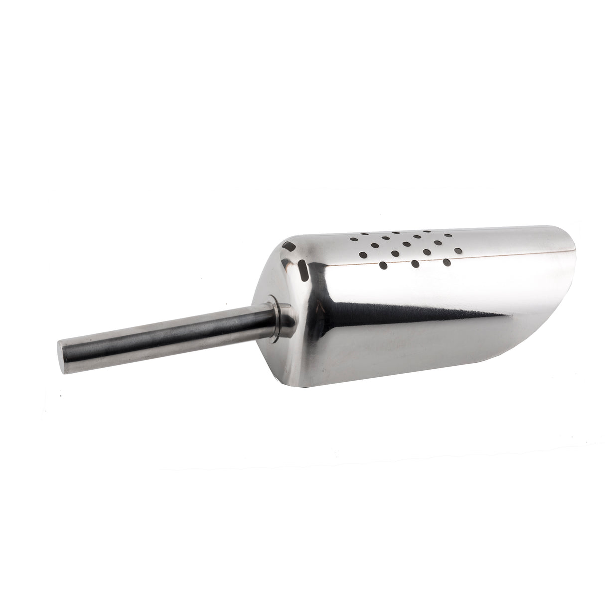 A shiny stainless steel ice scoop with a cylindrical handle and a perforated, semi-cylindrical body, designed for sifting or picking up materials. The dishwasher safe scoop is angled to the right and isolated on a white background.