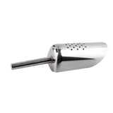 A shiny stainless steel ice scoop with a cylindrical handle and a perforated, semi-cylindrical body, designed for sifting or picking up materials. The dishwasher safe scoop is angled to the right and isolated on a white background.