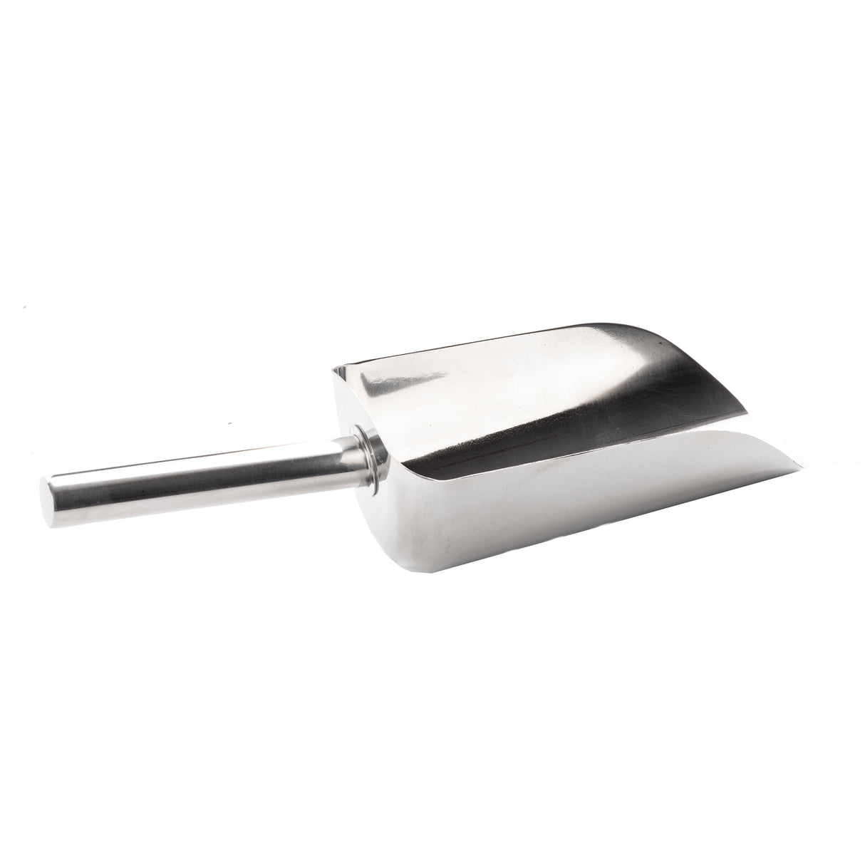 A shiny stainless steel ice scoop with a cylindrical handle and a deep, curved rectangular bowl. The scoop is angled right, isolated on a white background, and features a smooth, reflective surface. Dishwasher safe for easy cleaning.