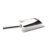 A shiny stainless steel ice scoop with a cylindrical handle and a deep, curved rectangular bowl. The scoop is angled right, isolated on a white background, and features a smooth, reflective surface. Dishwasher safe for easy cleaning.
