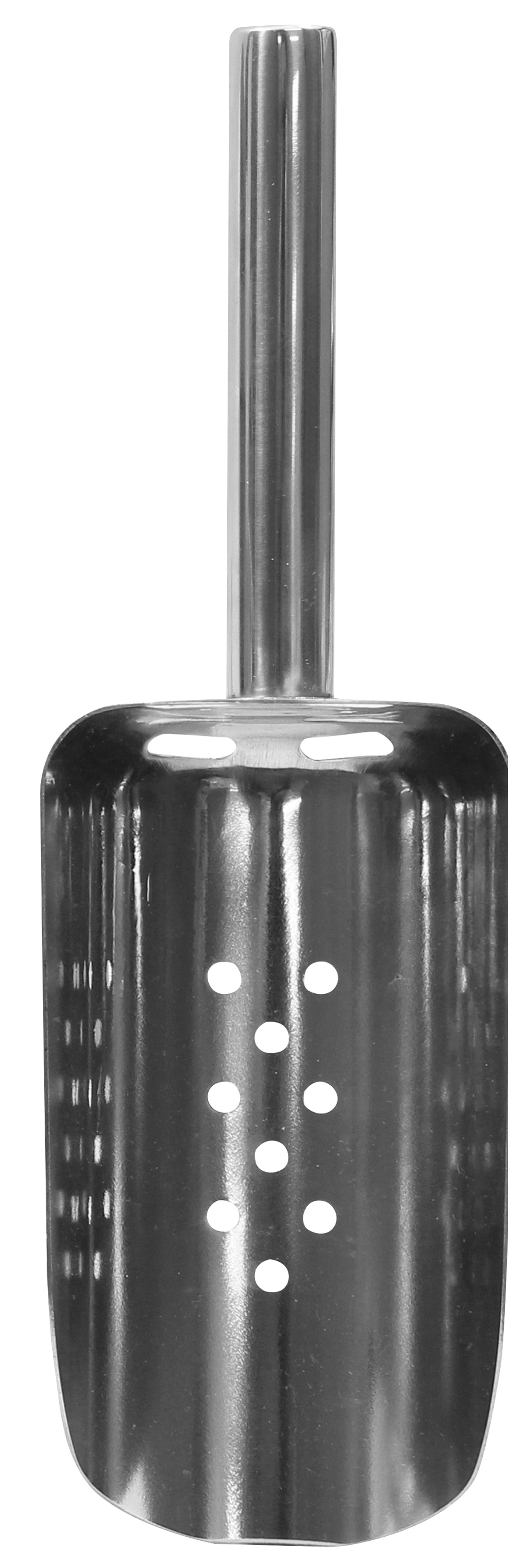 A stainless steel metal scooper with a cylindrical handle and a wide, flat scoop featuring two vertical rows of holes for sifting, often used for searching for metal detector finds or as an ice scoop.