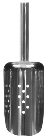 A stainless steel metal scooper with a cylindrical handle and a wide, flat scoop featuring two vertical rows of holes for sifting, often used for searching for metal detector finds or as an ice scoop.