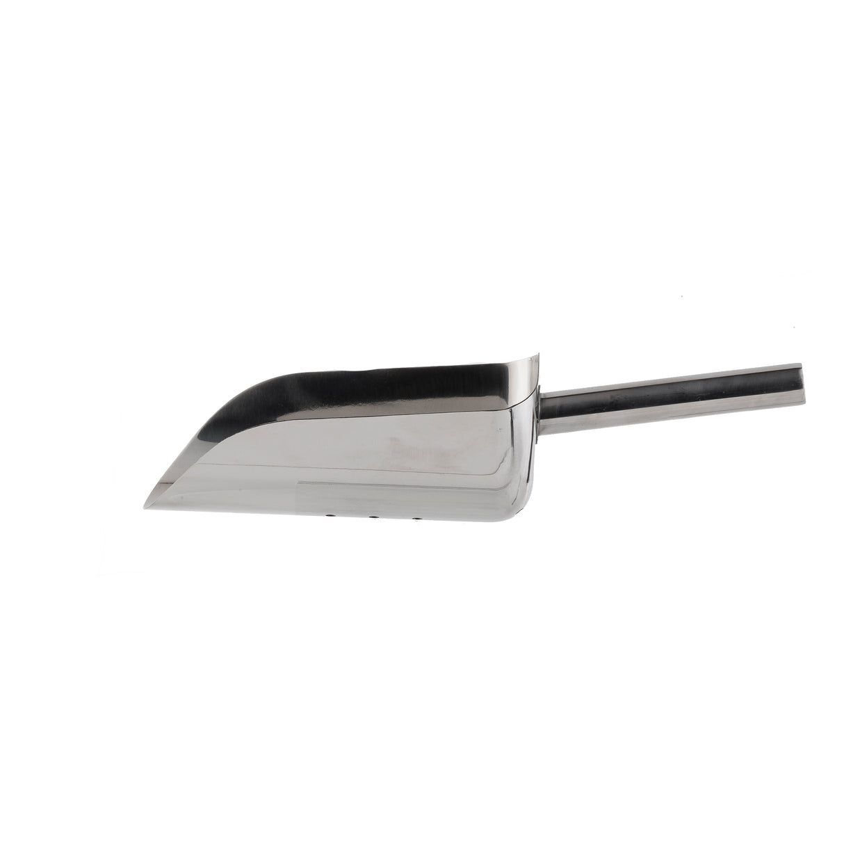 A shiny, stainless steel ice scoop with a flat bottom and a short cylindrical handle is photographed on a white background. The scoop is angled slightly, showing its smooth, reflective surface and straight, clean edges.