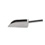 A shiny, stainless steel ice scoop with a flat bottom and a short cylindrical handle is photographed on a white background. The scoop is angled slightly, showing its smooth, reflective surface and straight, clean edges.