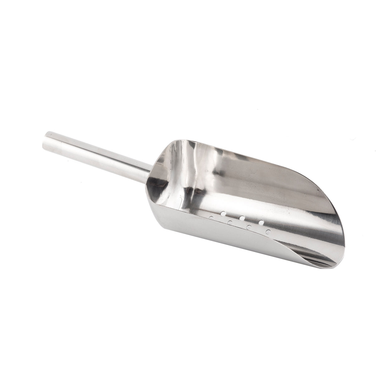 A shiny stainless steel ice scoop with a rounded rectangular shape, slightly tapered end, and a cylindrical handle extending from one side, isolated on a white background. The scoop surface appears smooth and reflective.