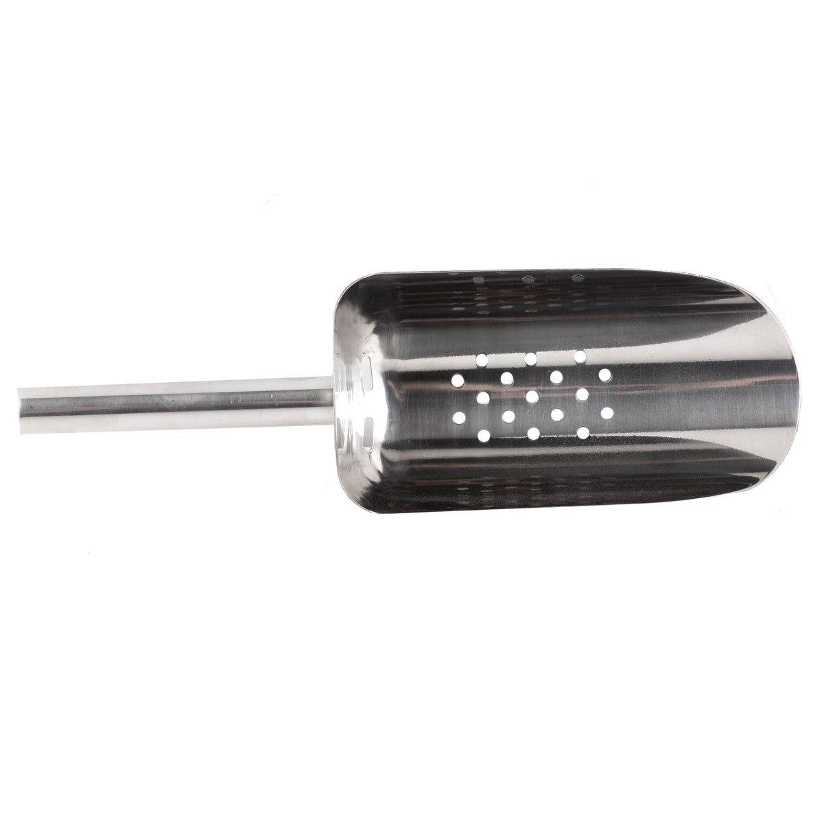 A stainless steel scooping tool with a cylindrical, perforated body and a straight handle. Designed for sifting and separating materials, it has a shiny, reflective surface. The image is on a plain white background.